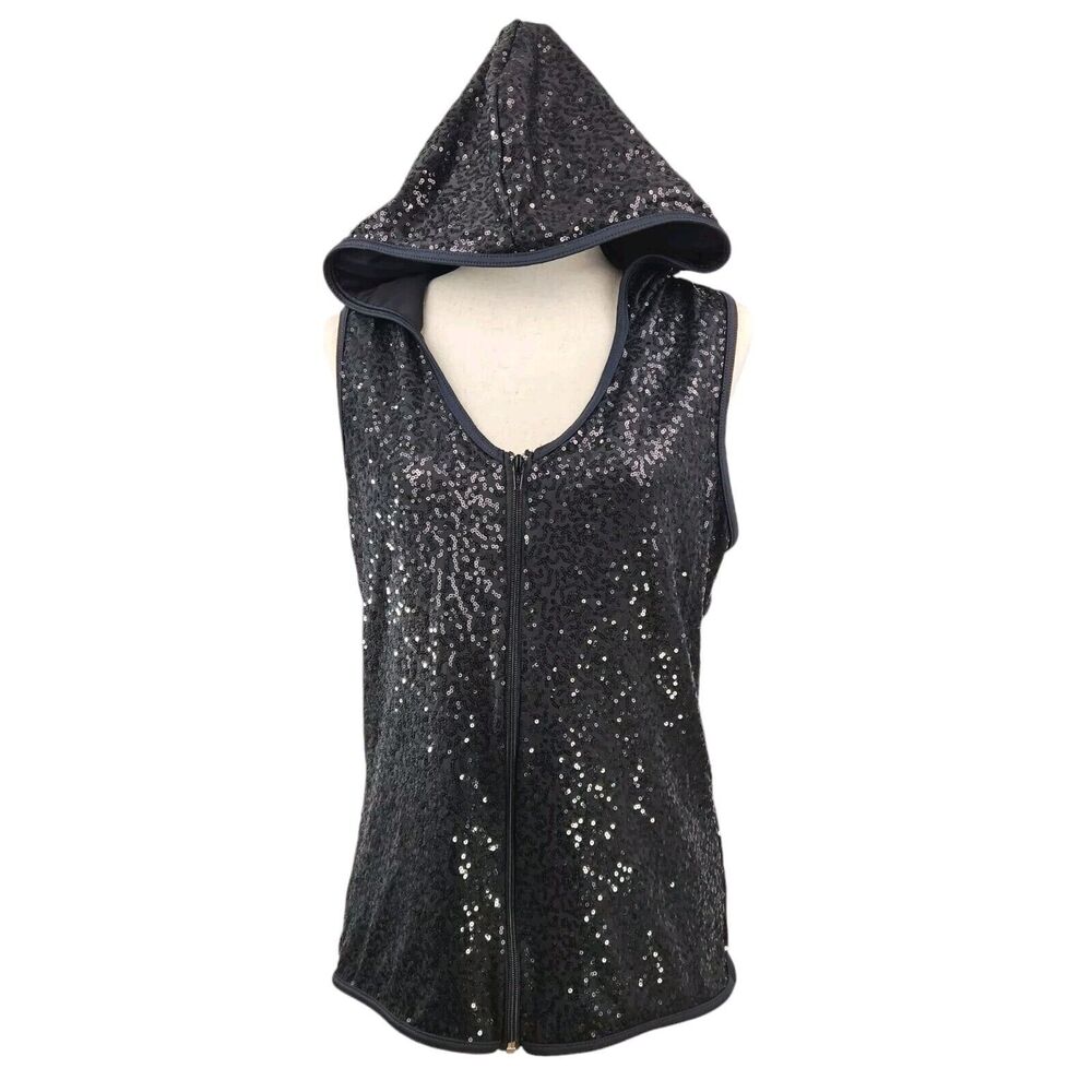 Unbranded Womens Black Sequin Hoodie Small (?) Racerback Zip-Up Party Witchy Y2K